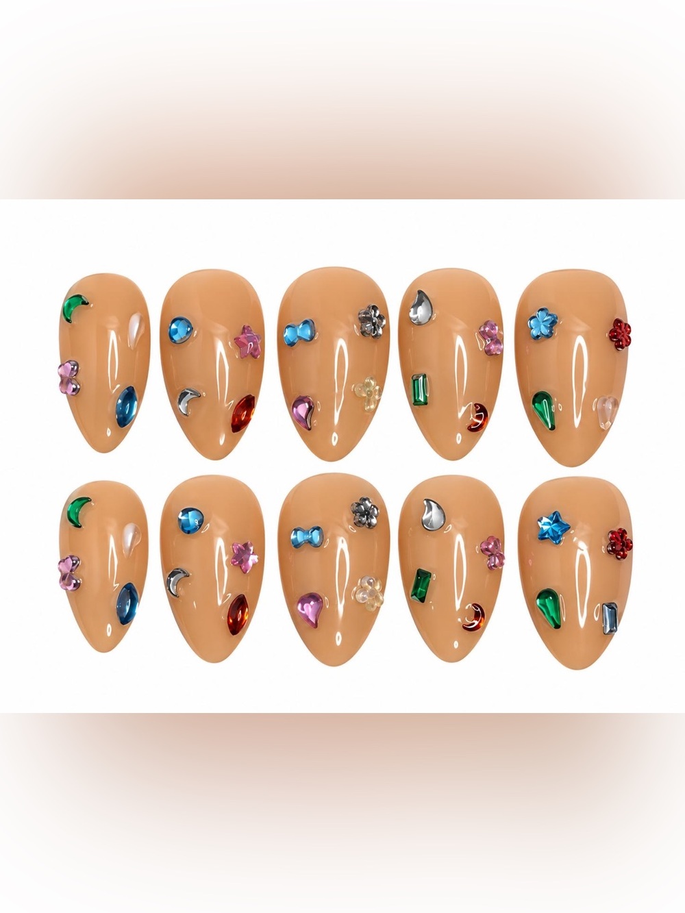 Medium Nude Beige Press-On Nails with Multicolor Gem Accents